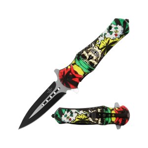 4.5" Snake Eye Tactical Spring Assist Knife - Jamaican Skull (Box 34)