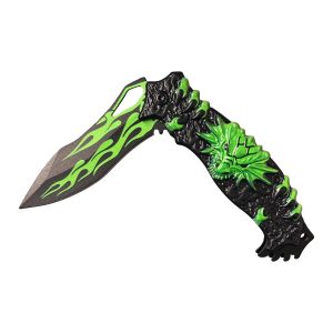 Snake Eye Tactical Spring Assist Knife - Green Flame Blade w/ Dragon Handle (BOX 162)