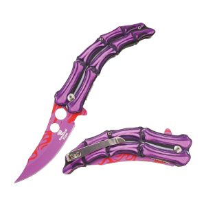 Snake Eye Tactical Spring Assist Knife - Purple Blade w/ Bone Handle (Box 177)