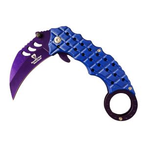 5" Snake Eye Tactical Karambit Style Spring Assist Knife - Purple Blade w/ Blue Handle (BOX 141)