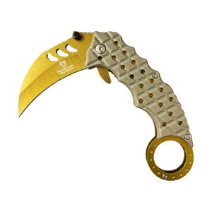 5" Snake Eye Tactical Karambit Style Spring Assist Knife - Gold Blade w/ Grey Handle (BOX 158)