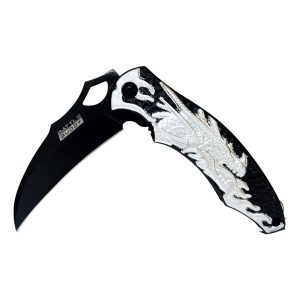 Battle Buddy Knives Spring Assist Knife - Black Blade w/ Silver Dragon Handle (Box 106)