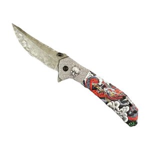 8" Wartech Spring Assist Knife - Damascus Etched Blade w/ 3D Design (BOX 102)