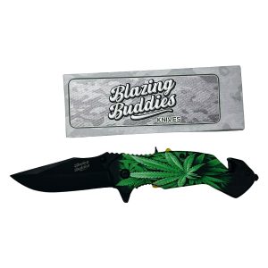 Blazing Buddies Knives Spring Assist Knife - Green Marijuana Leaves