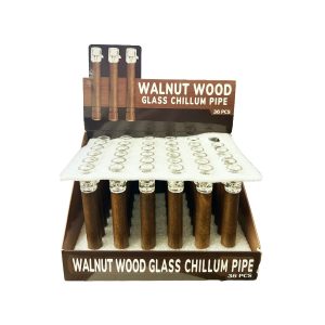 Walnut Wood Glass Chillum Pipe 36ct Display