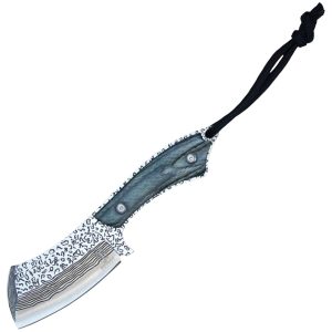 7.25" Bucketshot Knives Cleaver Hunting Knife w/ Sheath - Silver Faux Damascus Blade w/ Grey Wood Handle