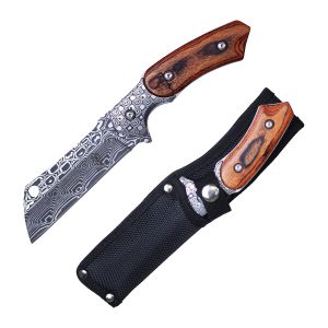8.75" Bucketshot Knives Fixed Blade Hunting Knife w/ Sheath - Damascus Blade w/  Wood Handle
