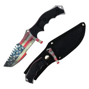 8.5" Wartech Hunting Knife w/ Sheath - American Flag Blade