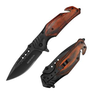 5" Wartech Closed Assist Open Pocket Knife - Black Blade w/  Wood Handle (Box 138)