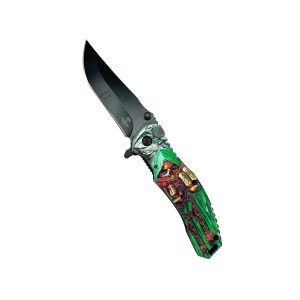 5" Stinger Knives Tactical Rescue Style Spring Assist Knife - Black Blade w/ Demon Skull (Box 112)