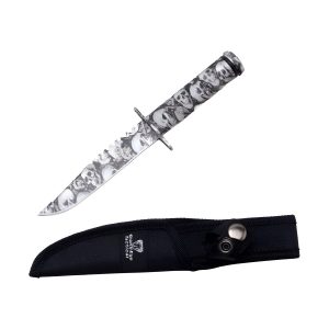 8.5" Snake Eye Tactical Knife w/ Sheath - Black Grey Skull Camo