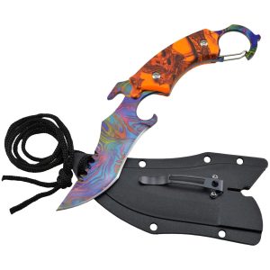8.5" Razor Tactical Karambit Neck Knife - Orange Camo Fixed Rainbow Blade