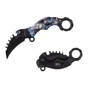 4.5" Razor Tactical Spring Assist Pocket Knife - Blue Skull Karambit (Box 138)