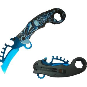 4.8" Razor Tactical Spring Assist Pocket Knife - Blue Scorpion Skull (Box 196)