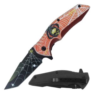 4.5" Razor Tactical Assist Knife 3D Print Plastic Handle  - Skull Spider Orange (Box 66)