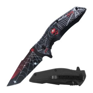 4.5" Razor Tactical Assist Knife 3D Print Plastic Handle - Black Spider Web & Skull (Box 207)