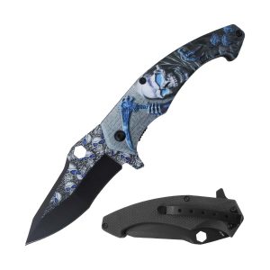 4.5" Razor Tactical Assist Knife 3D Print Plastic Handle - Blue Grim Reaper (Box 208)
