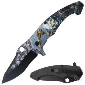 4.5" Razor Tactical Assist Knife 3D Print Plastic Handle - Grey Grim Reaper (Box 59)