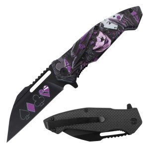 4.5" Razor Tactical Assist Knife 3D Print Plastic Handle - Purple Joker (Box 216)