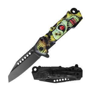 4.5" Razor Tactical Assist Knife 3D Print Plastic Handle - Green Half Skull Design (Box 50)