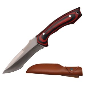 9" Hunting Knife Wood Handle W/Sheath - Red & Black Linen Micarta
