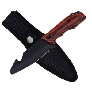 7.5" Razor Tactical Hunting Knife W/ Sheath - Black-Orange Wooden Handle