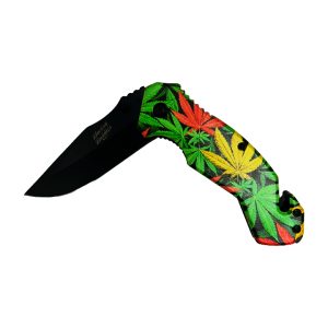 Battle Buddy Knives Spring Assist Knife - Rasta Marijuana Leaves Handle (Box 26)
