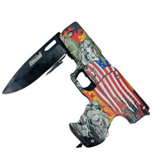 Battle Buddy Knives Spring Assist Gun Shaped Knife - US Flag w/ Skeletons (Box 121)