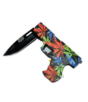Blazing Buddies Knives Spring Assist Gun Shaped Knife - Colored Marijuana Leaves (Box 127)