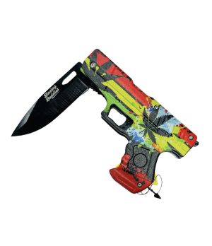 Blazing Buddies Knives Spring Assist Gun Shaped Knife - Rasta Marijuana Leaves (Box 120)