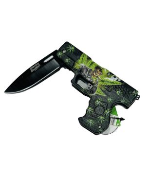 Blazing Buddies Knives Spring Assist Gun Shaped Knife - Pot Leaves w/ Skeleton (Box 124)