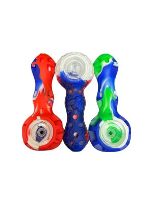 Silicone Hand Pipe w/ Glass Bowl & Dab Tool 3ct