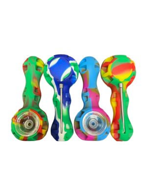 Silicone Hand Pipe w/ Glass Bowl & Dab Tool 4ct